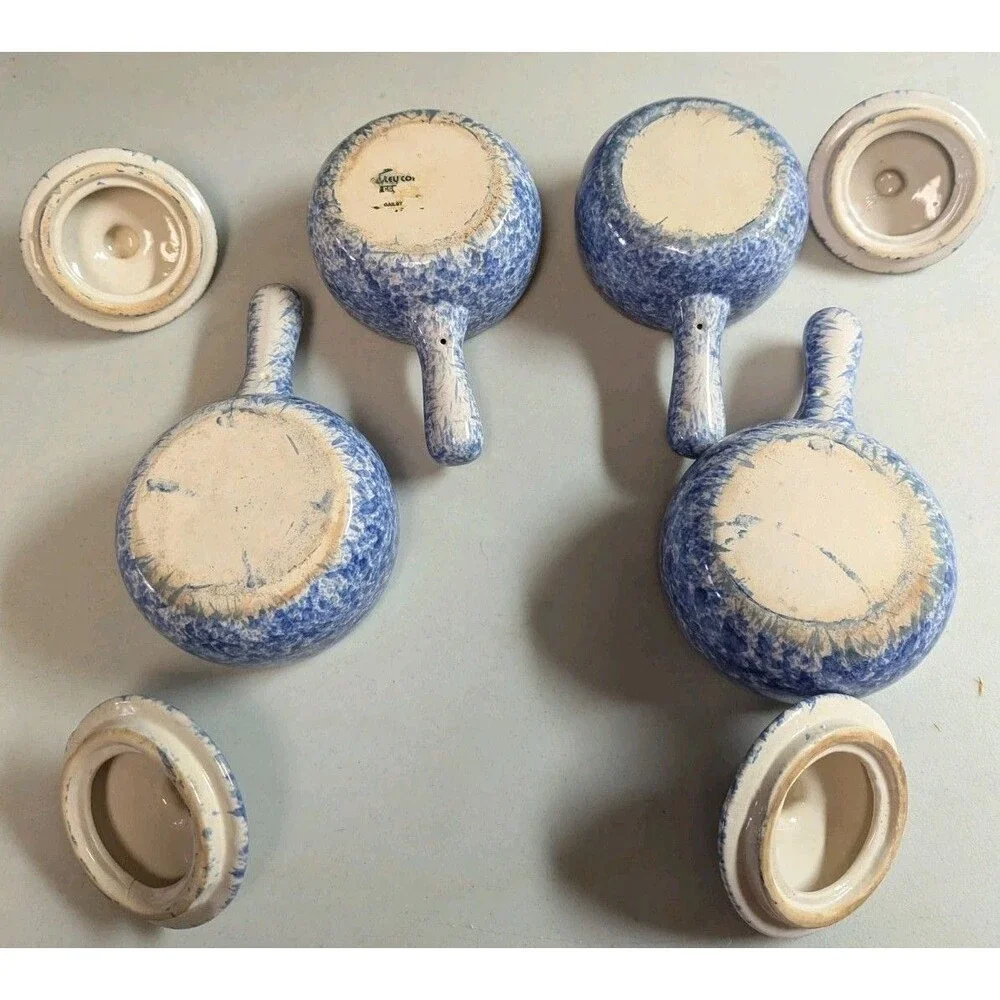 Vintage Bleu Co Gailst Blue Spongeware Lidded Soup Crocks - Set of 4 - Picture 5 of 15